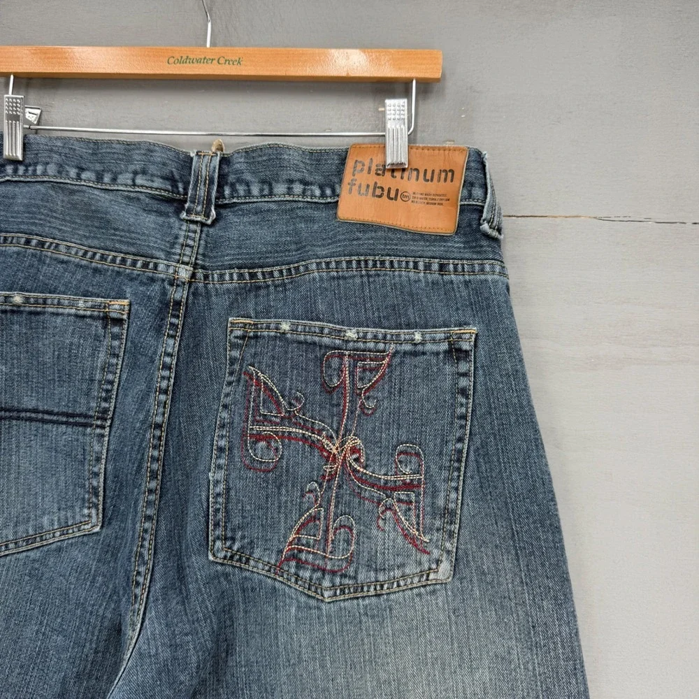 Y2K Platinum FUBU Jeans Blue Embroidered Baggy Faded Denim 36 x 33